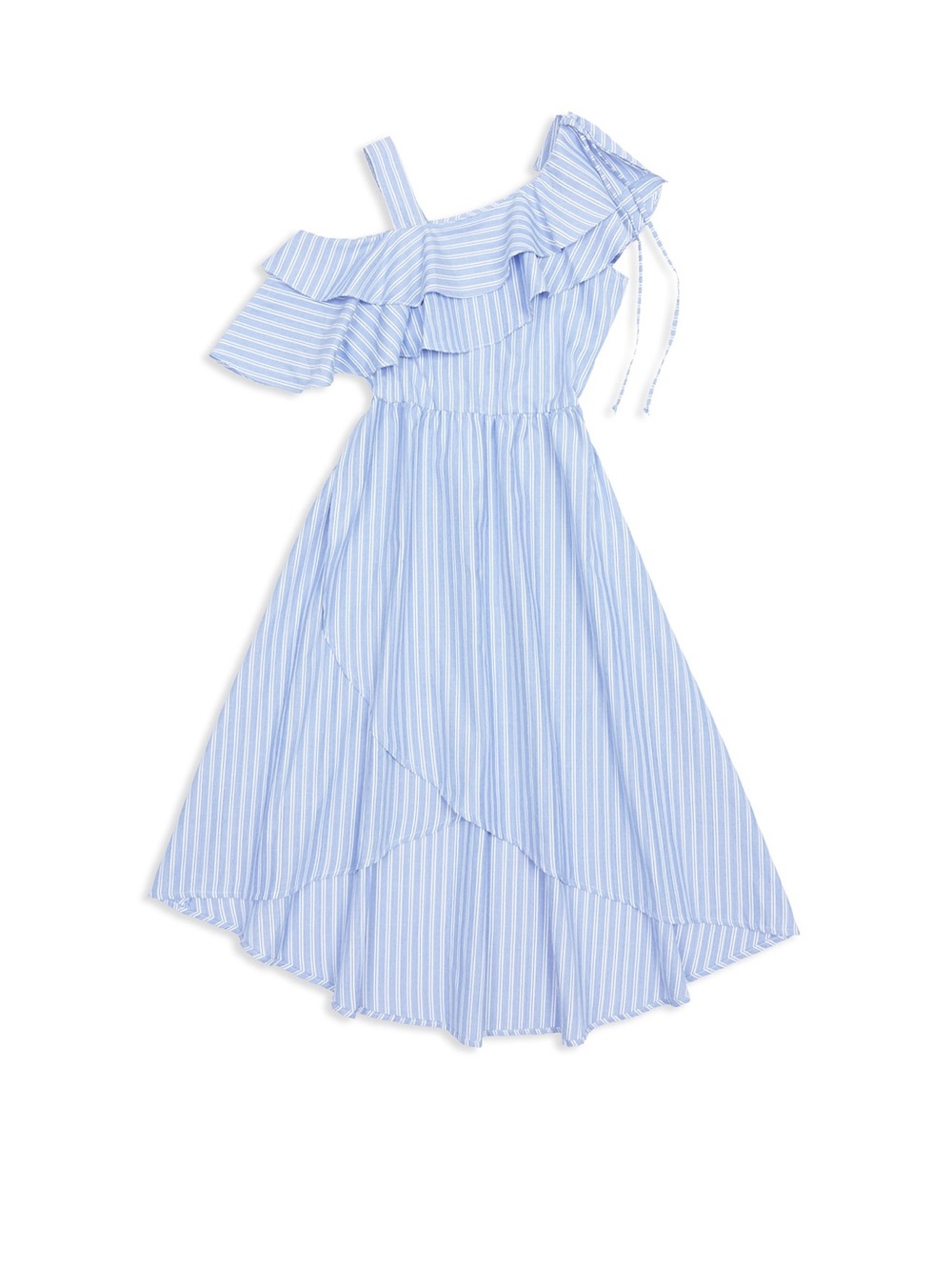 Habitual Girl  Olympia Cold Shoulder Light Blue & White Striped Ruffle Dress